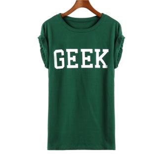 GETEK Korea Trend Women's Roll-up Sleeve At Random Hem Geek Loose Letter T-shirt (Green)  