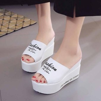 Girls' Womens' High Heels Thick Heels Flip Flops Outdoor Solid Letter Printed PU Leather Students Wedge Heel Casual Color White - intl  