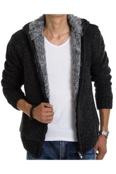 Gracefulvara Men's Cardigan Sweater Fur Wool Lining Hooded Coat Knitted Jacket (Black)  
