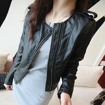Grandwish Women PU Leather Coat Motor Jacket Short Coat Slim O-neck S-2XL (Black) - intl  