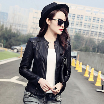 Grandwish Women PU Leather Coat Motor Jacket Short Coat Stand collar Slim M-2XL (Black) - intl  