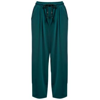 [GREEN] Casual Elastic Waist Drawstring with Pocket Wide-leg Solid Color Ninth Pants for Women - intl  