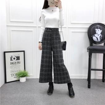 GREY Plaid Fashion Women Pants Korean Ninth Pants Loose Wide Leg Pants Trouser Woolen Cloth Womens Pants Trouser Bottom - intl  