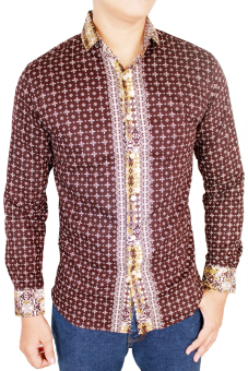 Gudang Fashion - Kemeja Batik Pria Panjang Slim Fit - Coklat Tua  