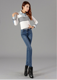 Han Edition Foot Trousers Cultivate One's Morality Show Thin Cotton Elastic Jeans Trousers Big Yards Panty (light Blue)  