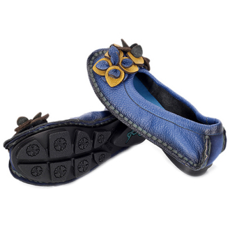 Handmade 100% Genuine Leather Folk Soft TPR Flat Casual Middle-Aged Women Shoes Blue  