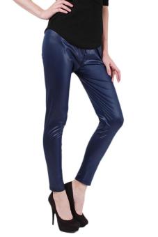 Hang-Qiao Fashion PU leather Pants Large Size Trouser Slim Pencil Pant Navy blue  