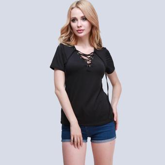 Hang-Qiao Fashion Women Short Sleeve T-Shirt Blouse V-Neck Casual Tops (Black) - Intl  