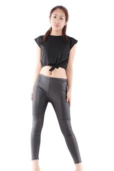 Hang-Qiao Leather Stitching Leggings Leisure Thin Tights Pants Black  