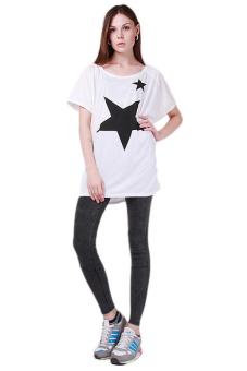 Hang-Qiao New Summer Tops Five-point Star Patterns Loose T-shirt White  