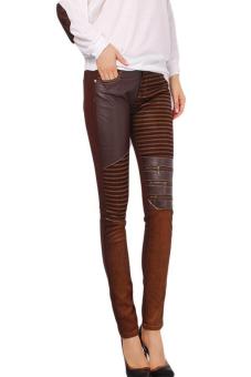 Hang-Qiao PU Leather Pants Tight Stitching Pencil Pants Trousers Brown  