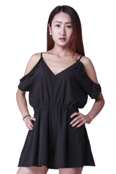 HANG-QIAO V-neck Off Shoulder Short Skirts (Black)  
