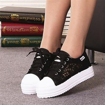 Hang-Qiao Women Lace Hollow Canvas Shoes Breathable Platform Casual Shoes Black - Intl  