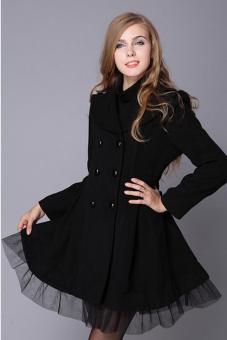 Hang-Qiao Women Slim Double-Breasted Woollen Coat Black  