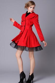 Hang-Qiao Women Slim Double-Breasted Woollen Coat Red  