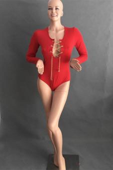 Hang-Qiao Women V-Neck Long Sleeve Jumpsuit Playsuit Swimwear Red  