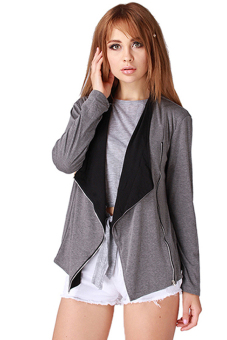 Hang-Qiao Women Zipper Jackets Patchwork Coat Grey  