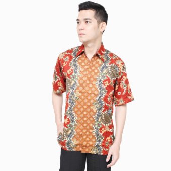 Hansen & Lisa Kemeja Batik Sutra Lengan Pendek Flowerline - Merah  