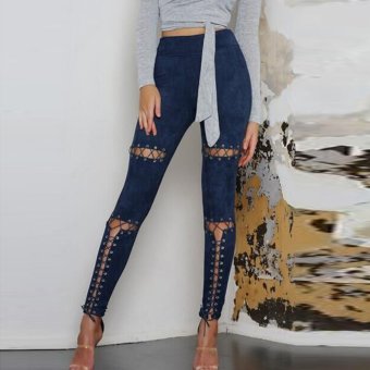 Hanyu Summer Women Sexy Fashion Slim Elastic Suede Casual Pants Hole Pants (Dark Blue) - intl  