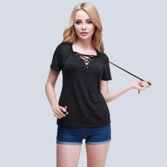 Hanyu Summer Women V-neck Bandage Loose Pullover T-Shirt Short Sleeve Cotton Tops Shirt Black  