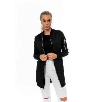 Hanyu Women Fashion Cotton Plain Long Patchwork Zipper Stand Collar Jackets Coat Black - intl  