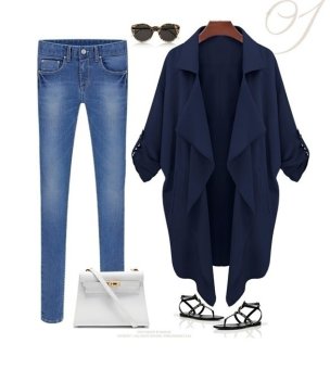 Happycat 2016 Fashion Women Lapel Chiffon Asymmetrical Hem Jacket Trench Long Coat-navy blue-L  