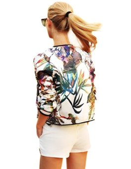 Happycat 2016 Spring Autumn Fashion Women O-Neck Long Sleeve Floral Zipper Baseball Jacket Coat Tops--L  