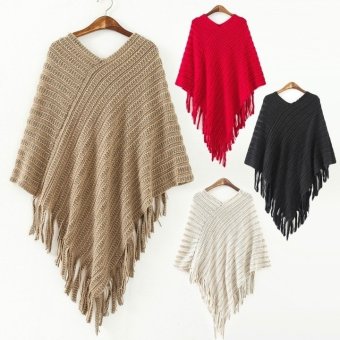 Happycat 2016 Women's New Fashion Oblique Stripe Tassels Wraps Cape Sweater Knitwear-coffee-  