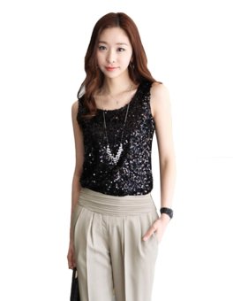 Happycat 2016 Women's Shining Vest Bling Sequin Tank Top Sleeveless T-Shirt Black Golden-gold-M  