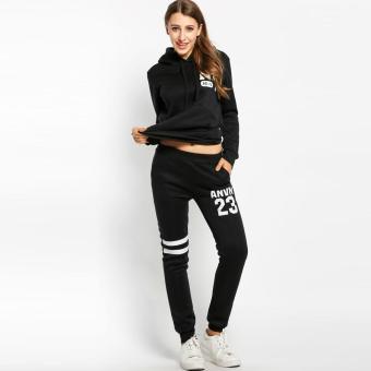 Happycat 2pcs Set New Fashion Women Casual Sportwear Set Long Sleeve Hooded Letter Prints Hoodies with Elastic Pants For Csual Sport Street School (M-XXL)?Black? - intl  