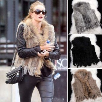 Happycat New Women Hot Fashion Knit Sleeveless Faux Fur Vest With Raccoon Fur Collar Waistcoat (Khaki) (L) - intl  