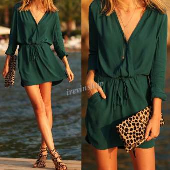 Happycat Sexy Women V Neck Long Sleeve Drawstring Pockets Loose Mini Chiffon Dress (Dark Green) (XL) - intl  