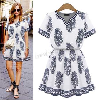 Happycat Stylish Ladies Women Casual Vneck Short Sleeve Print Pleated Dress irsh (White) (XS) - intl  