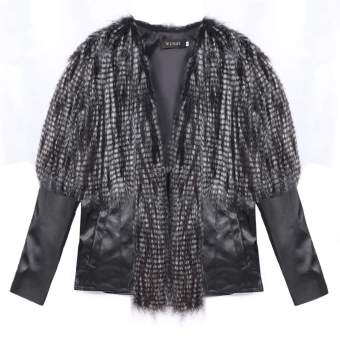Happycat Women Winter Fashion Faux Fur Synthetic Leather Patchwork Long Sleeve Slim Jacket Coat Outwear (Black) (M) - Intl - intl  