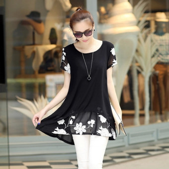 HengSong Short Sleeves Women's Clothing Embroidery Chiffon Korea Version Dress Shirt Black  