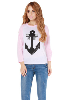 HengSong Women T-Shirts Round-Neck Fashion Tops Anchor Printing Pink  