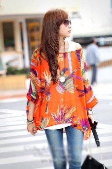 Hequ Floral Print Round Neck Batwing shirt Tops Blouse T-Shirts 04 Multicolor  