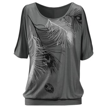 Hequ Trendy Women Summer Feather Printed Short Sleeve T-shirt Grey  