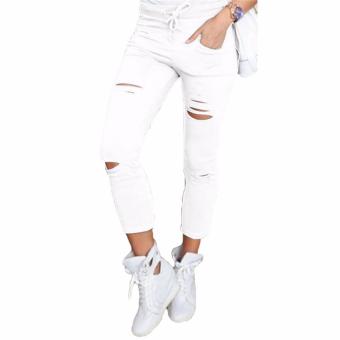 Hequ Women Fashion Cotton Hole Pencil Pants Skinny Nine Points Pants High Waist Stretch Jeans Slim Pencil White - intl  