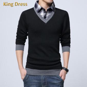 High Quality Big Size M-5XL Cotton Buttons Shirt Collar Long Sleeve Fat Man Sweater(Black) - intl  