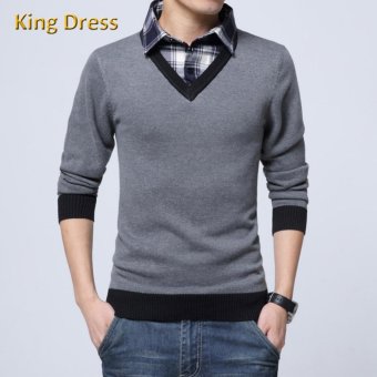 High Quality Big Size M-5XL Cotton Buttons Shirt Collar Long Sleeve Fat Man Sweater(Grey) - intl  