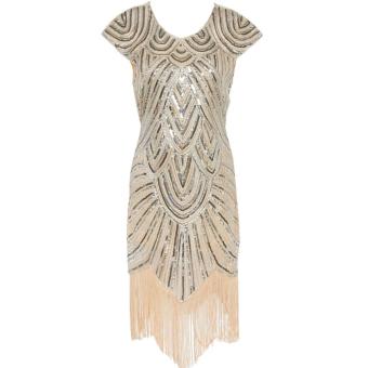 High Quality Fashion Retro Knit Sequins Champagne Short Evening Dresses with Tassels Short Sleeve Cocktail Party Dress - intl  