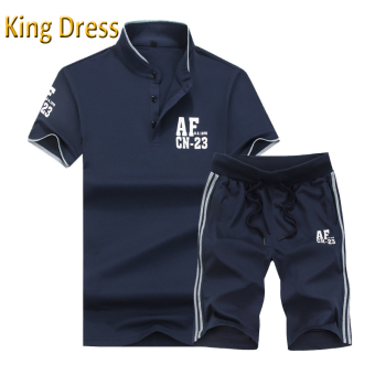 High Quality Summer Stand Collar Leisure New Pattern Men Shorts Polo Shirt Set(Blue) - Intl  