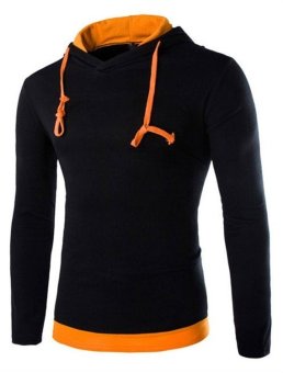 Hit Color Drawstring Men Hooded Casual Sweater Black Orange  