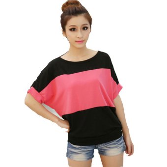 Hot Sale 2015 New Korean Version Spell-color T shirt Batwing sleeve Top Tees Women T-Shirt Big Size S-2XL black  