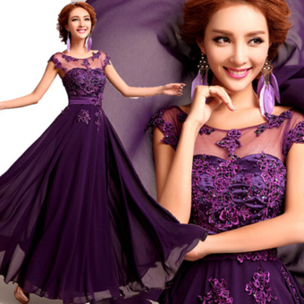 Hot Sale Maxi Formal Wedding Dresses Crew-Neck Satin Lace Bridesmaid Dresses Wedding Guest Prom Dresses Purple HA-02PU - Intl  