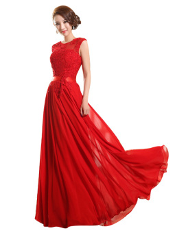 Hot Sale Maxi Formal Wedding Dresses Crew-Neck Satin Lace Bridesmaid Dresses Wedding Guest Prom Dresses Red HA-02R - Intl  