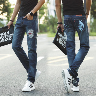 Hot Style Hole of Foreign Trade Jeans Tide Male Han Edition Cultivate One's Morality Straight Jeans Men's Small M Printed Wet Pants  