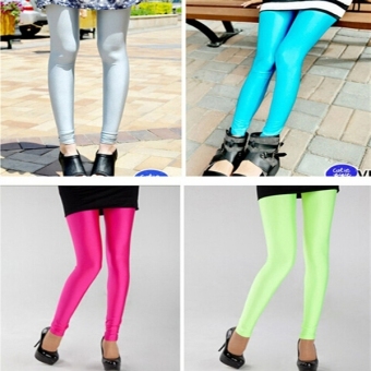 Hot Women Candy-colors Shiny Pants Bright Fluorescent High Elastic Leggings C162 Fluorescent Green - intl  