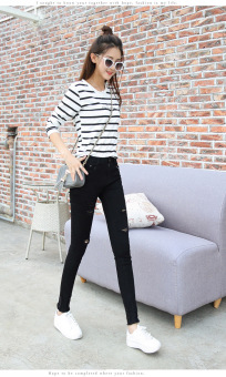 HOT Women Denim Skinny Pants High Waist Hole Stretch Jeans Slim Pencil Trousers show thin-black - Intl  